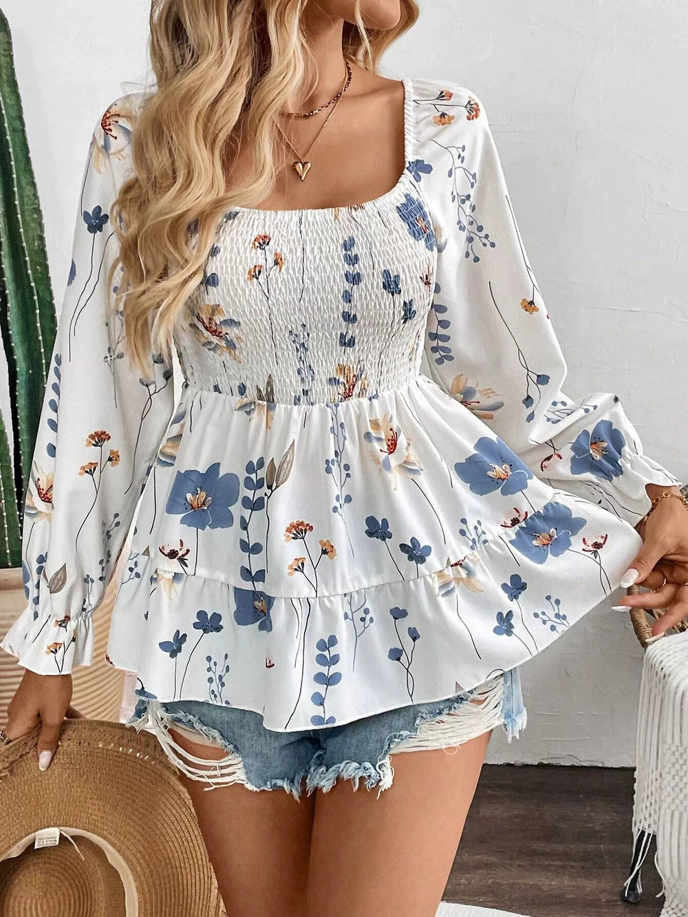 Zara Floral Print Long Sleeve Fitted Top Fall Winter